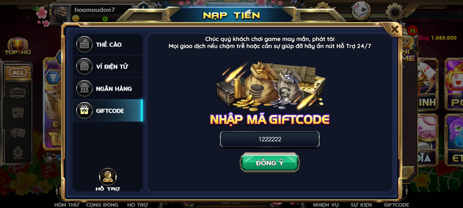 Nạp tiền bằng hình thức giftcode